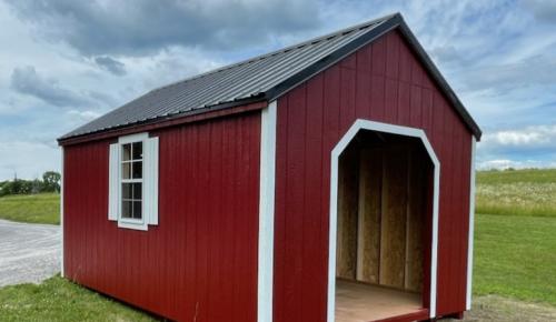 10x16 Shed_Betterwaysheds_red with white trim_side window with shutters_rollup door