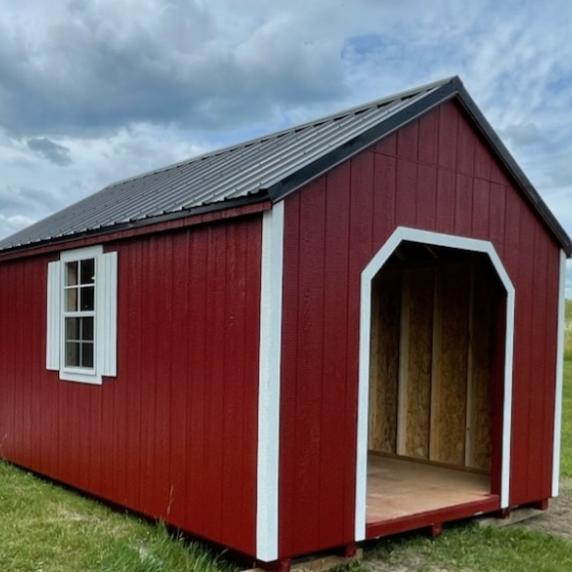 10x16 Shed_Betterwaysheds_red with white trim_side window with shutters_rollup door